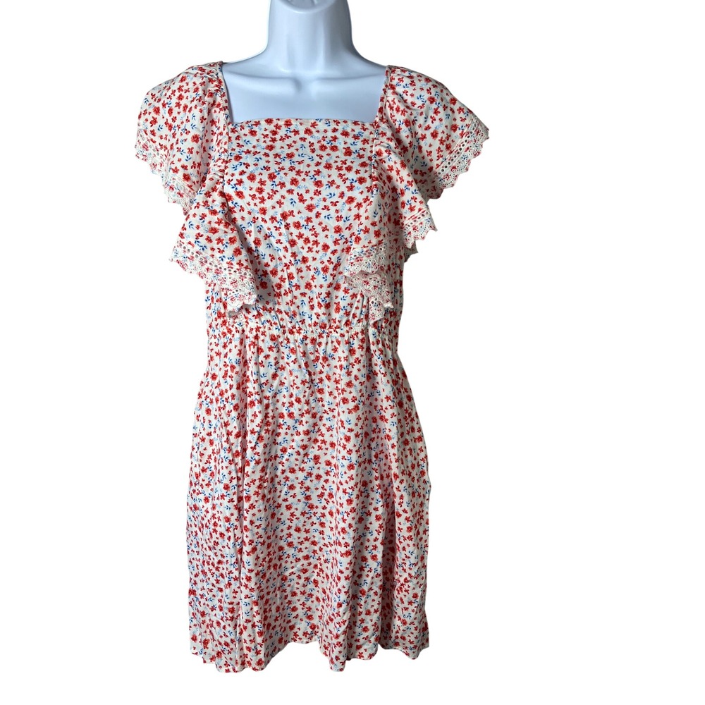 Old Navy Floral Eyelet Flutter Sleeve Mini Dress Red White Blue Size M NWT